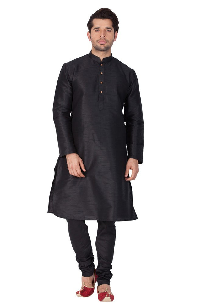 Men's Cotton Art Silk Solid Kurta And Pajama Set In Black