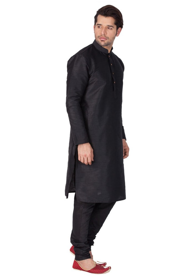 Men's Cotton Art Silk Solid Kurta And Pajama Set In Black