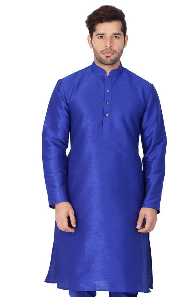 Men's Cotton Art Silk Solid Kurta In Blue