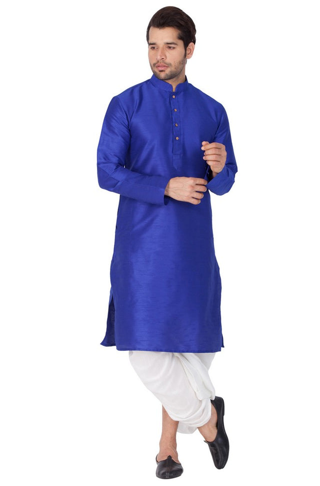 Men's Cotton Art Silk Solid Kurta And Dhoti Pant Set In Blue