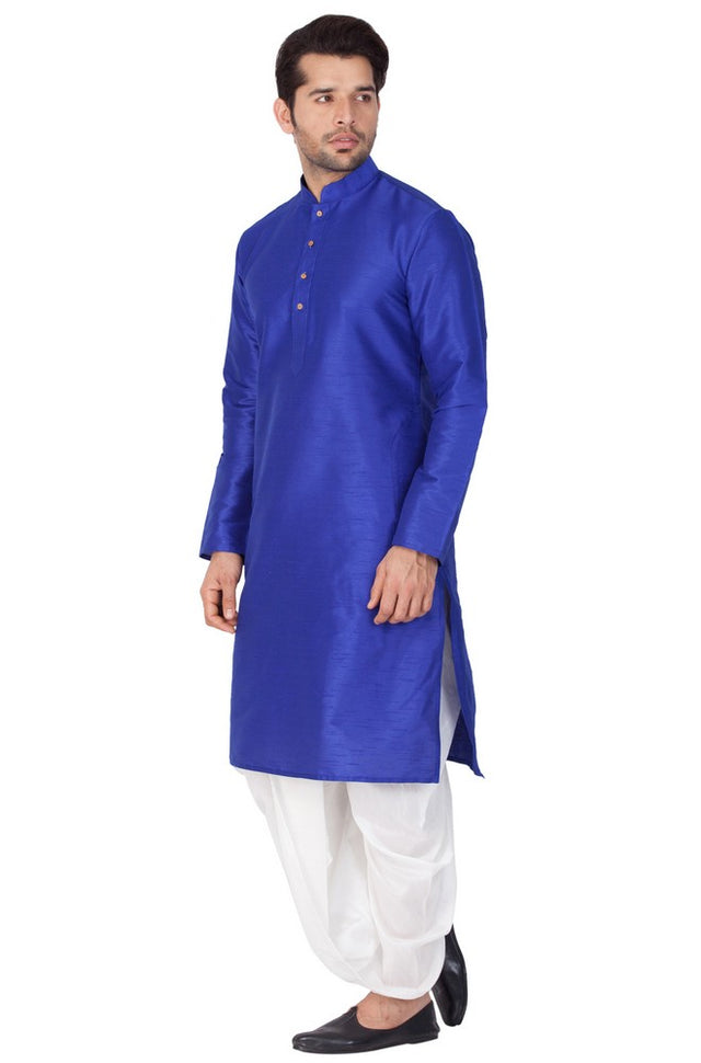 Men's Cotton Art Silk Solid Kurta And Dhoti Pant Set In Blue