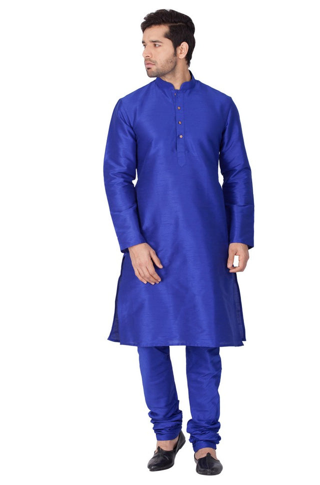Men's Cotton Art Silk Solid Kurta And Pajama Set In Blue
