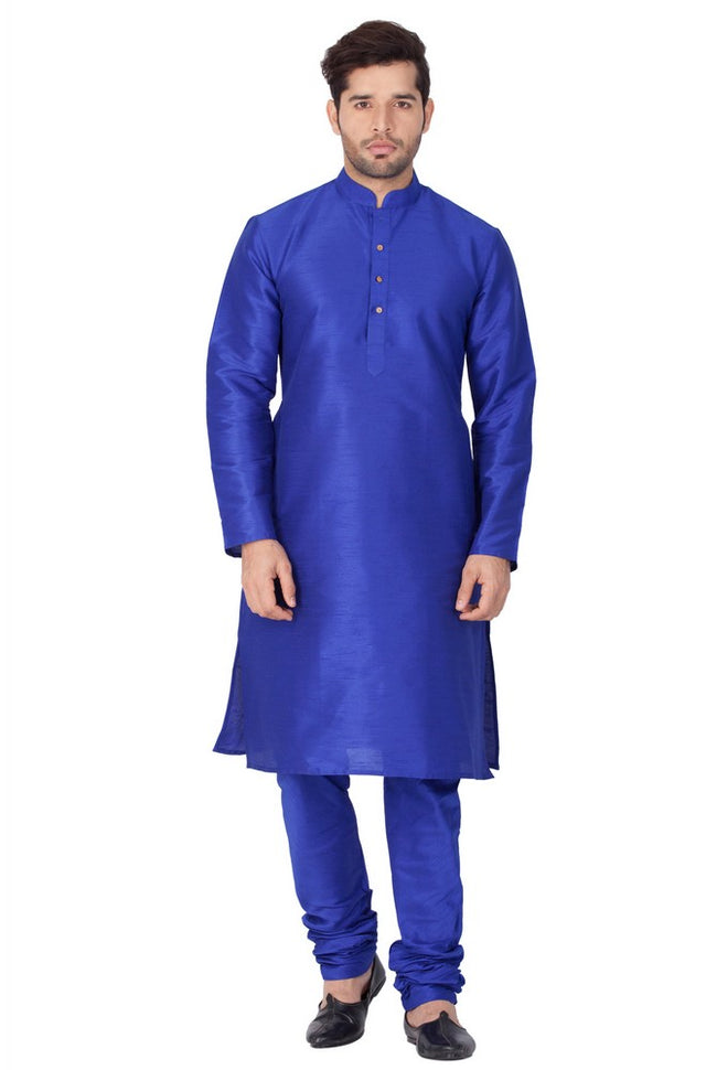 Men's Cotton Art Silk Solid Kurta And Pajama Set In Blue