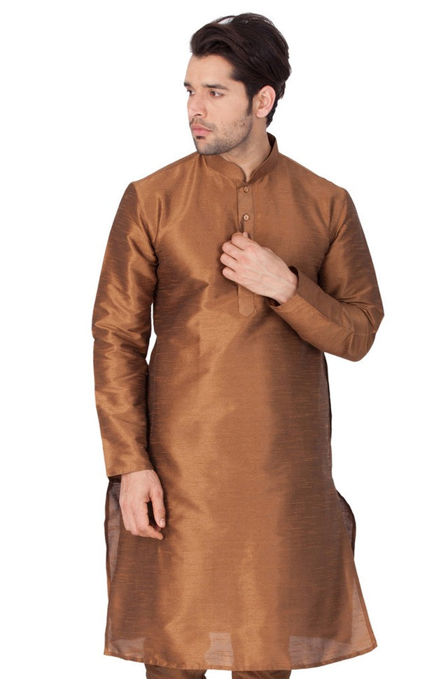 Men's Cotton Art Silk Solid Kurta In Brown