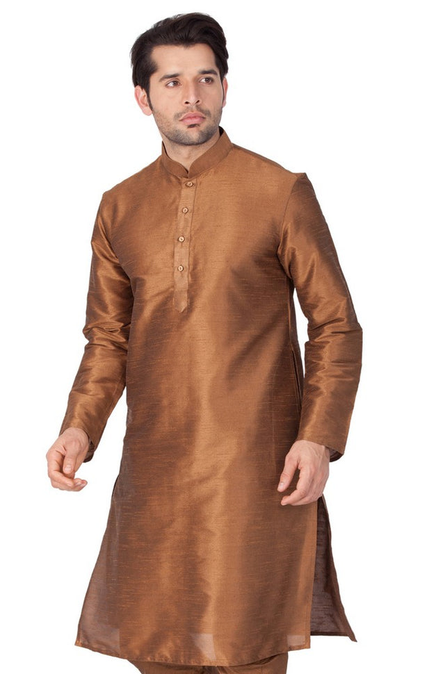 Men's Cotton Art Silk Solid Kurta In Brown
