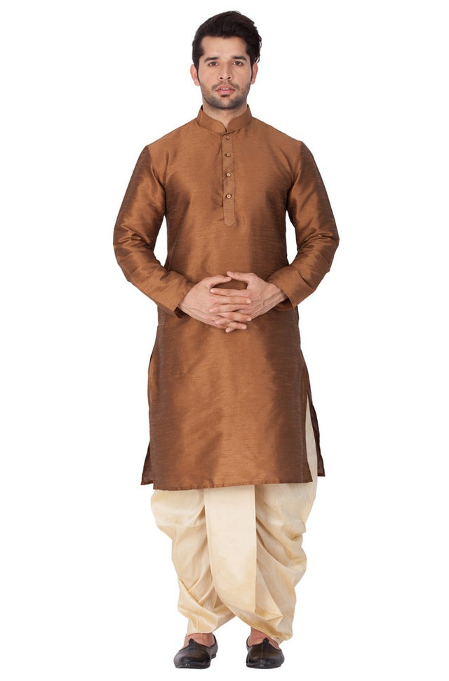 Men's Cotton Art Silk Solid Kurta And Dhoti Pant Set In Brown