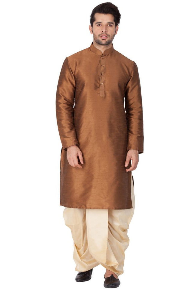 Men's Cotton Art Silk Solid Kurta And Dhoti Pant Set In Brown