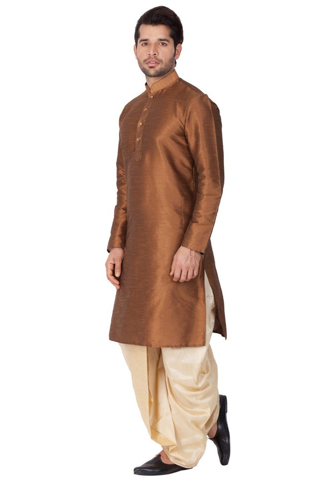 Men's Cotton Art Silk Solid Kurta And Dhoti Pant Set In Brown