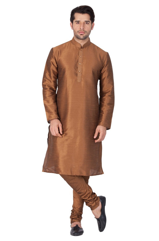 Men's Cotton Art Silk Solid Kurta And Pajama Set In Brown