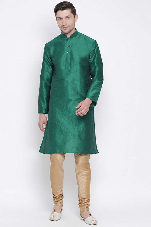 Men's Cotton Silk Kurta Pajama Set In Bottle Green