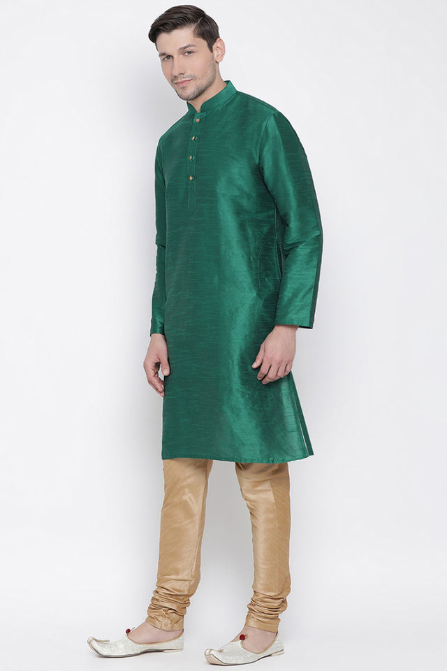 Men's Cotton Silk Kurta Pajama Set In Bottle Green