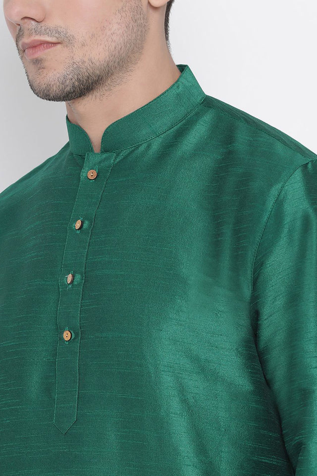 Men's Cotton Silk Kurta Pajama Set In Bottle Green
