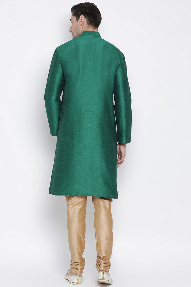 Men's Cotton Silk Kurta Pajama Set In Bottle Green