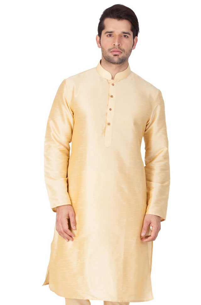 Men's Cotton Art Silk Solid Kurta In Gold