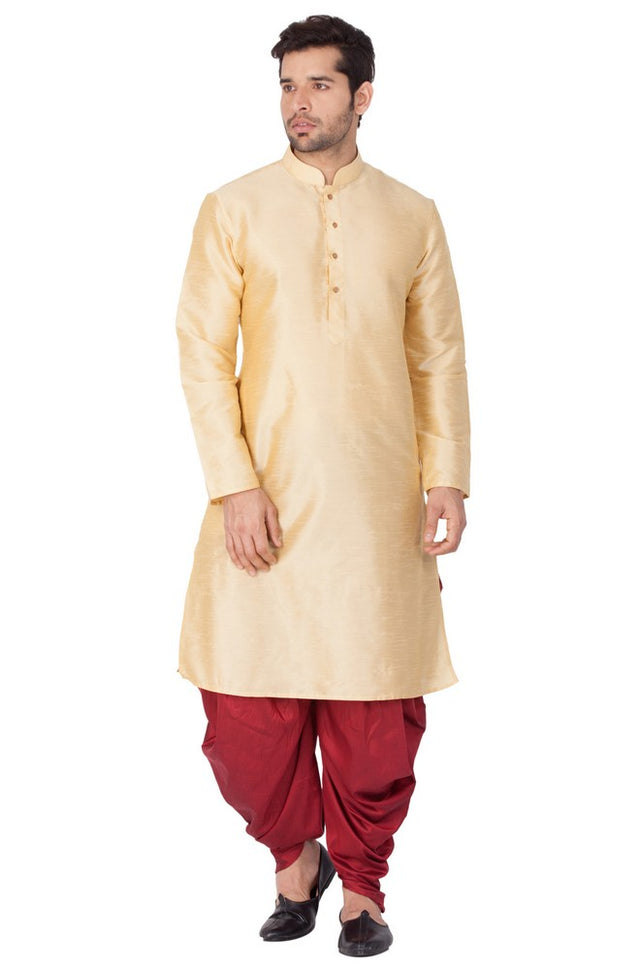Men's Cotton Art Silk Solid Kurta And Cowl Dhoti Pant Set In Gold