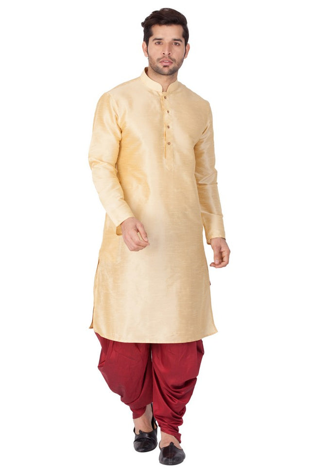 Men's Cotton Art Silk Solid Kurta And Cowl Dhoti Pant Set In Gold