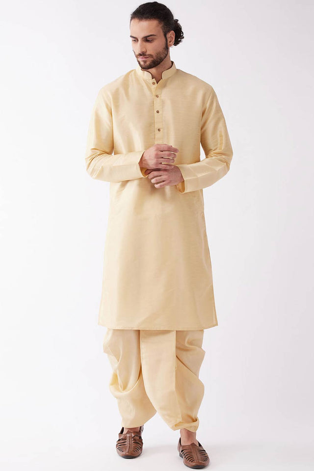 Buy Men's Blended Silk Solid Kurta Set in Beige