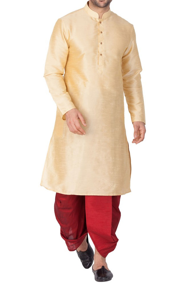 Men's Cotton Art Silk Solid Kurta And Dhoti Pant Set In Gold
