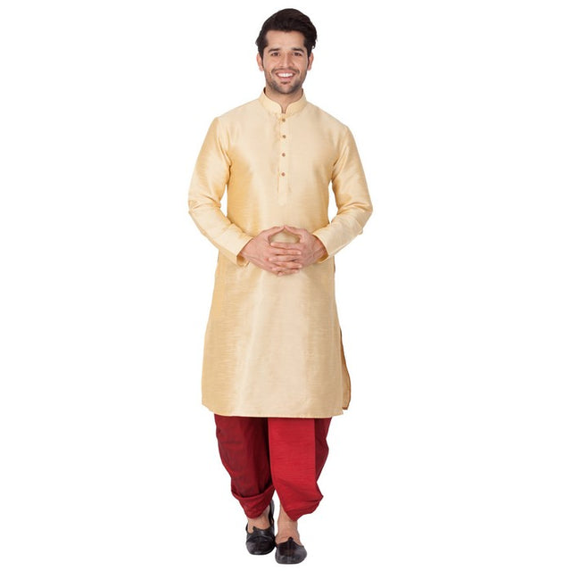 Men's Cotton Art Silk Solid Kurta And Dhoti Pant Set In Gold