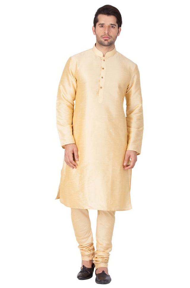 Men's Cotton Art Silk Solid Kurta And Pajama Set In Gold