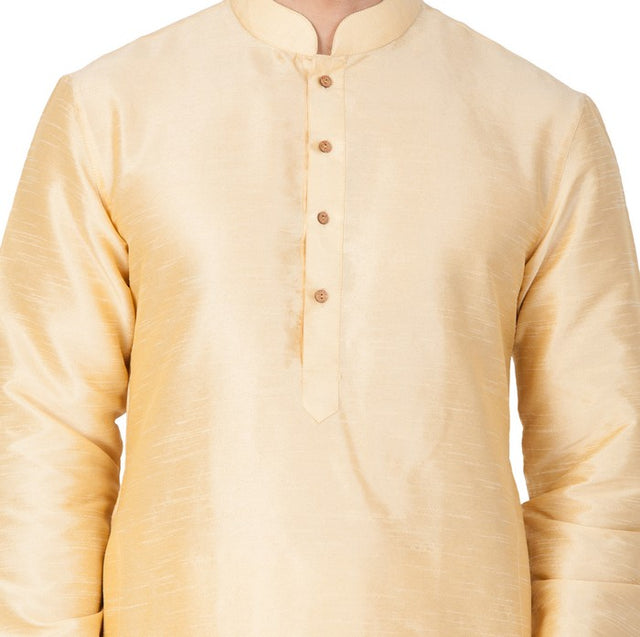 Men's Cotton Art Silk Solid Kurta And Pajama Set In Gold