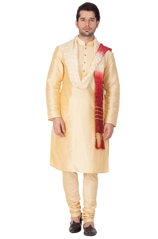 Men's Cotton Art Silk Solid Kurta Pajama And Dupatta Set In Gold