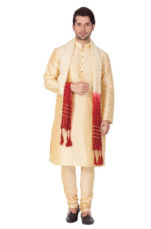Men's Cotton Art Silk Solid Kurta Pajama And Dupatta Set In Gold