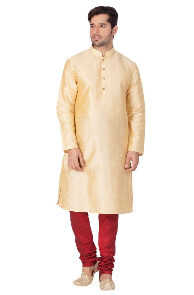 Men's Cotton Art Silk Solid Kurta And Pajama Set In Gold
