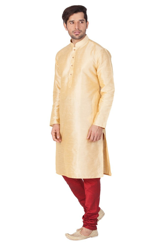 Men's Cotton Art Silk Solid Kurta And Pajama Set In Gold