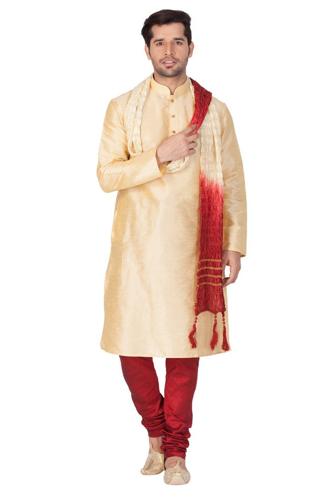 Men's Cotton Art Silk Solid Kurta Pajama And Dupatta Set In Gold
