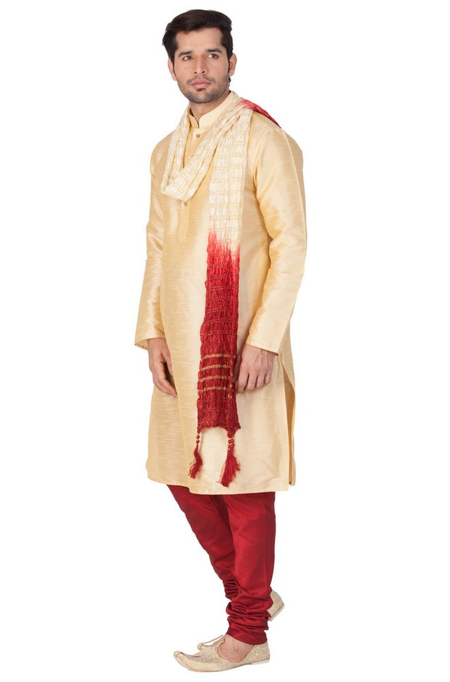 Men's Cotton Art Silk Solid Kurta Pajama And Dupatta Set In Gold