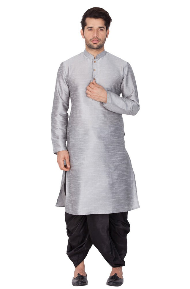 Men's Cotton Art Silk Solid Kurta And Dhoti Pant Set In Grey