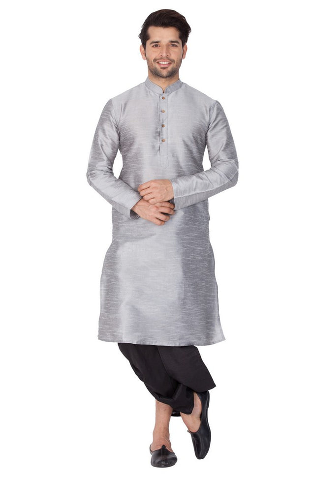 Men's Cotton Art Silk Solid Kurta And Dhoti Pant Set In Grey