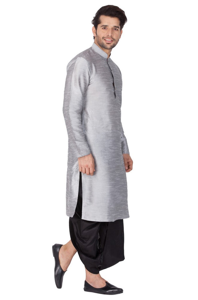 Men's Cotton Art Silk Solid Kurta And Dhoti Pant Set In Grey