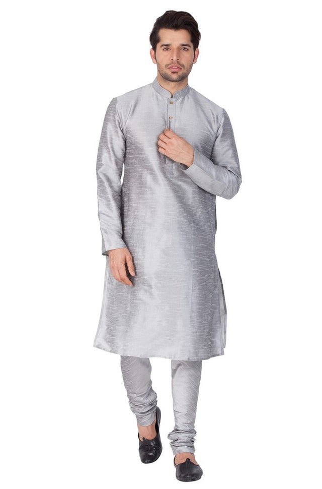 Men's Cotton Art Silk Solid Kurta And Pajama Set In Grey