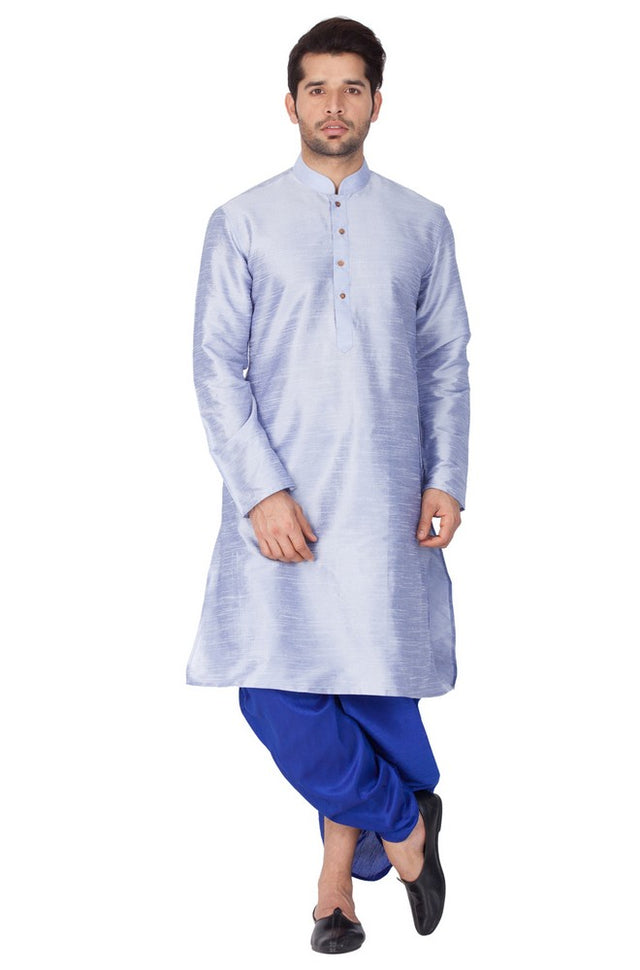 Men's Cotton Art Silk Solid Kurta And Dhoti Pant Set In Light Blue