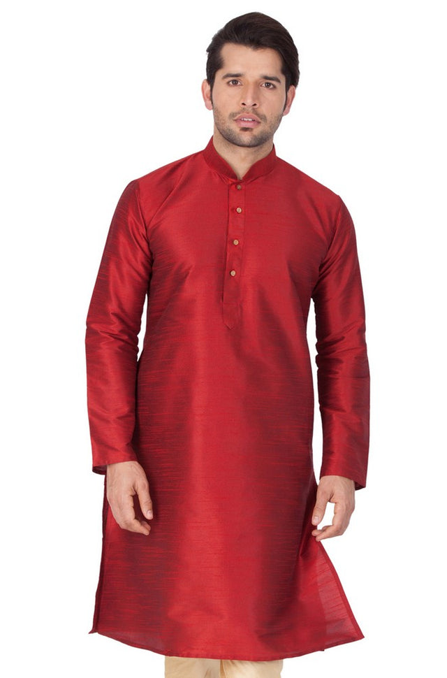 Men's Cotton Art Silk Solid Kurta In Maroon