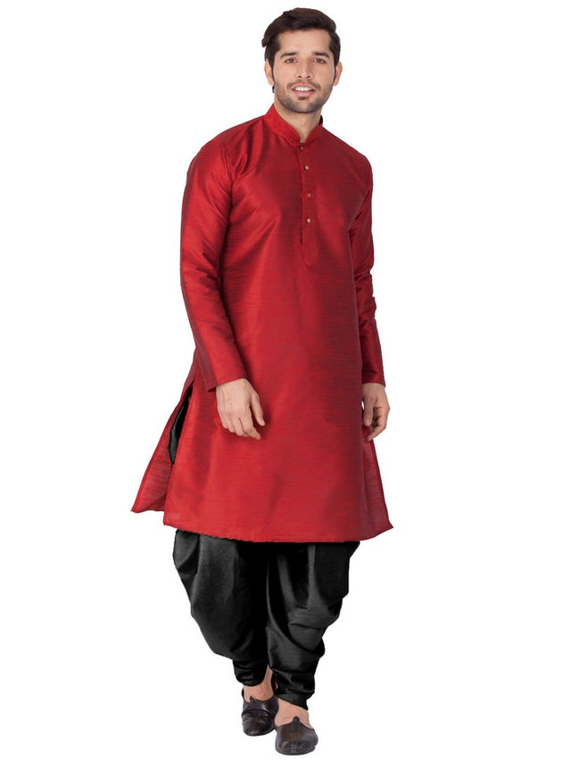 Men's Cotton Art Silk Solid Kurta And Cowl Dhoti Pant Set In Maroon