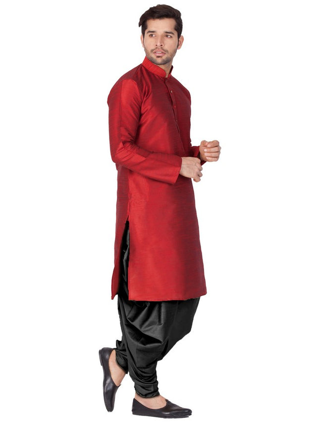 Men's Cotton Art Silk Solid Kurta And Cowl Dhoti Pant Set In Maroon