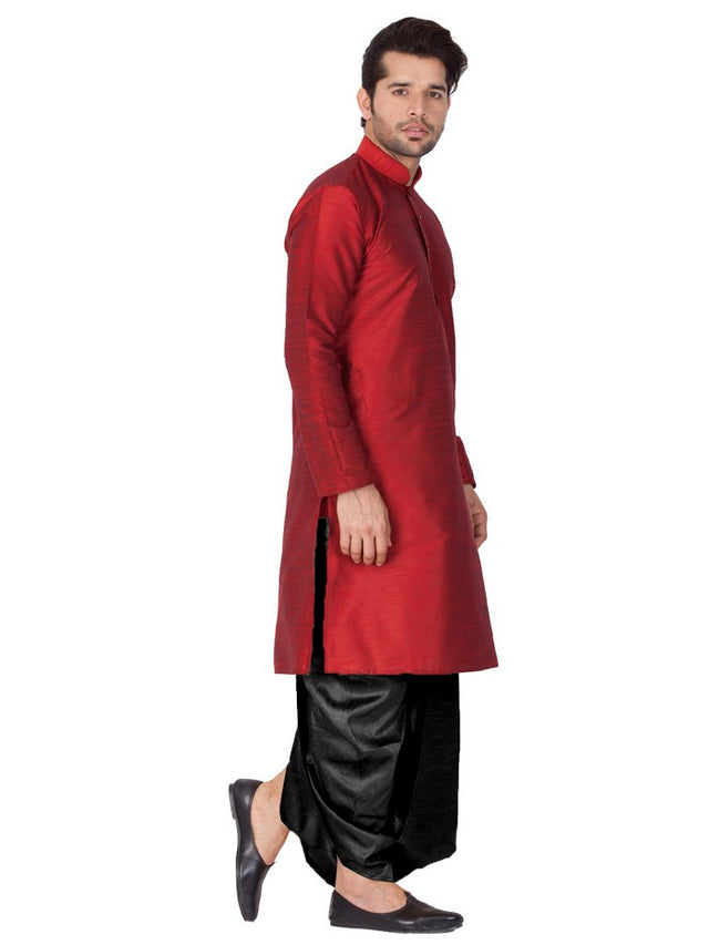 Men's Cotton Art Silk Solid Kurta And Dhoti Pant Set In Maroon