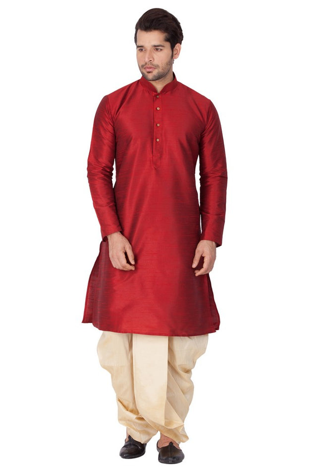 Men's Cotton Art Silk Solid Kurta And Dhoti Pant Set In Maroon
