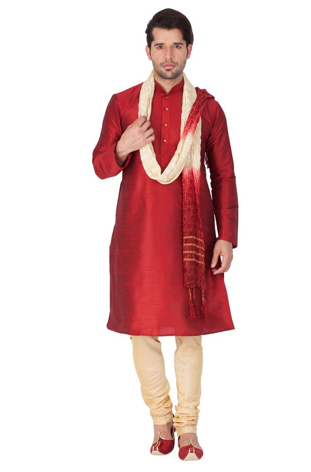 Men's Cotton Art Silk Solid Kurta Pajama And Dupatta Set In Maroon