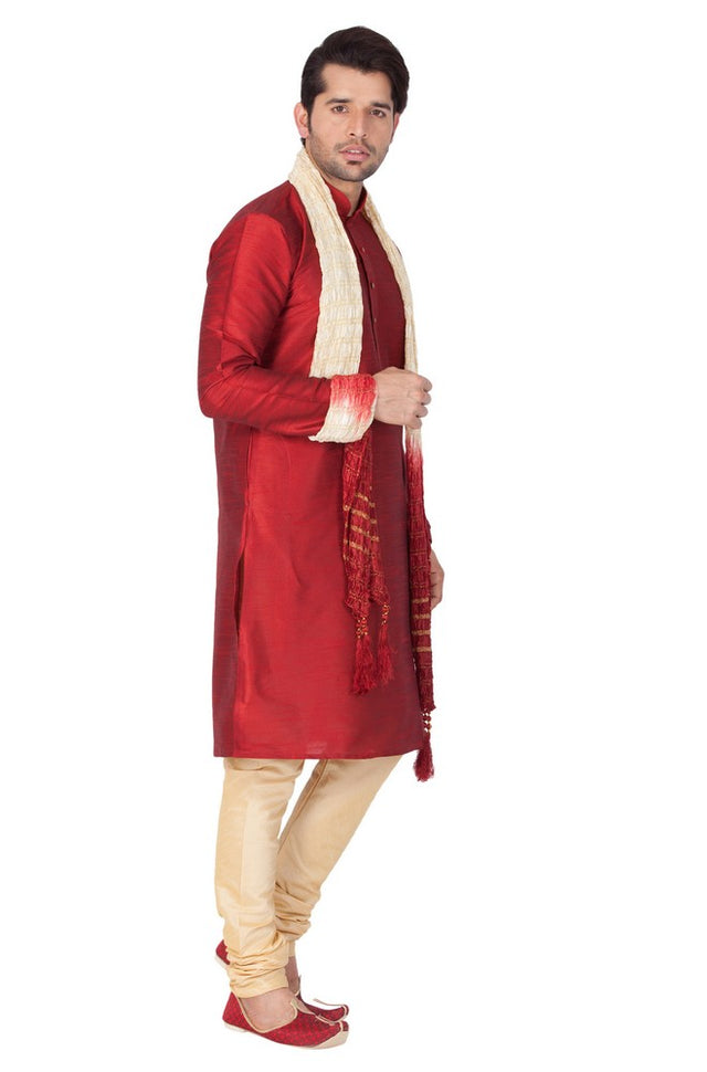 Men's Cotton Art Silk Solid Kurta Pajama And Dupatta Set In Maroon