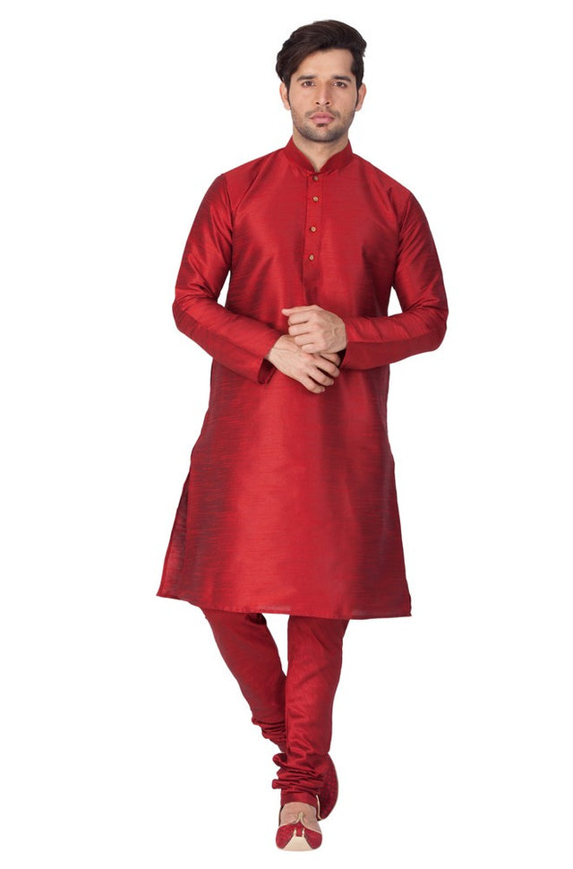 Men's Cotton Art Silk Solid Kurta And Pajama Set In Maroon
