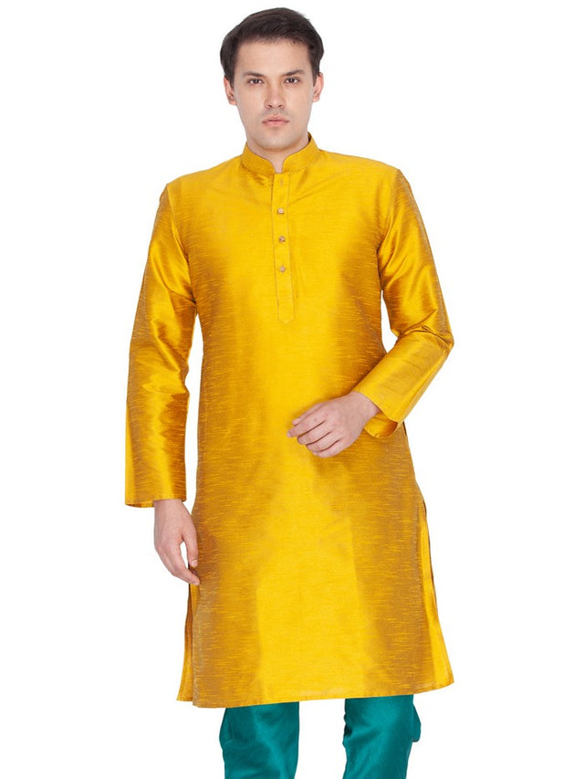 Men's Cotton Art Silk Solid Kurta In Gold