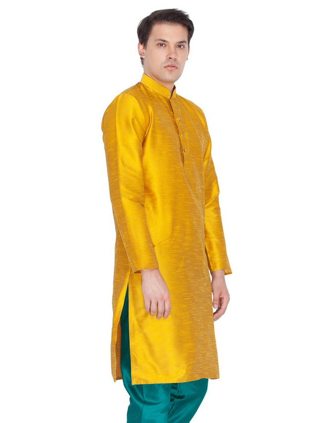 Men's Cotton Art Silk Solid Kurta In Gold