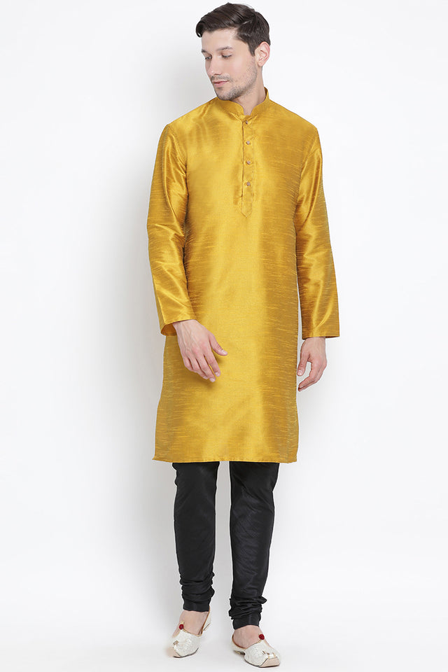 Men's Cotton Art Silk Kurta Set In Yellow