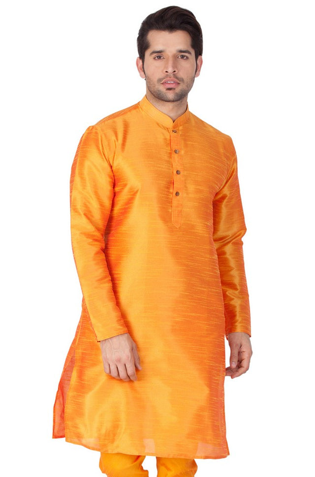 Men's Cotton Art Silk Knee Length Solid Kurta In Orange