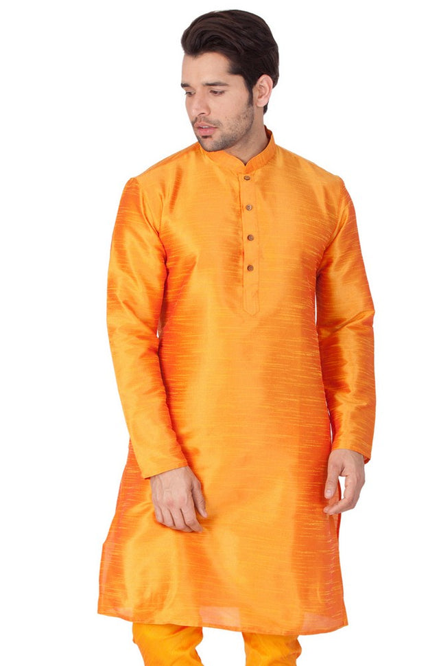 Men's Cotton Art Silk Knee Length Solid Kurta In Orange