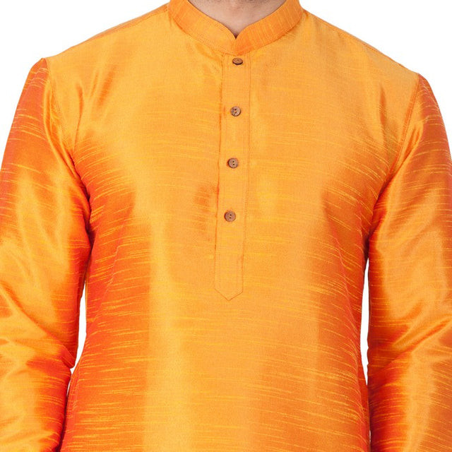 Men's Cotton Art Silk Knee Length Solid Kurta In Orange